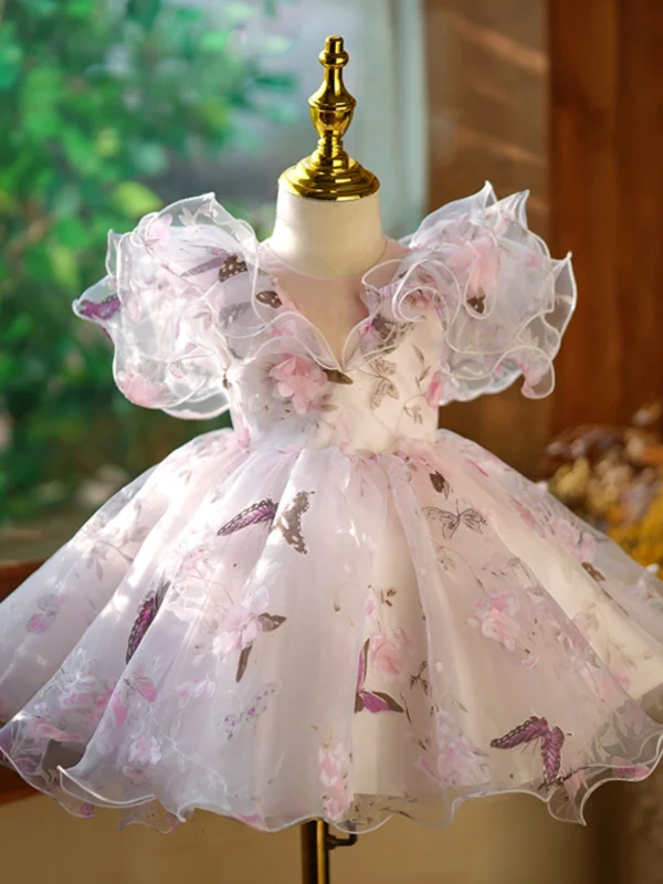 Lovely Blushing Pink Butterfly Appliques Short Flower Girl Dresses 2024 Birthday Ball Gown Scoop Neck Short Sleeve Tulle