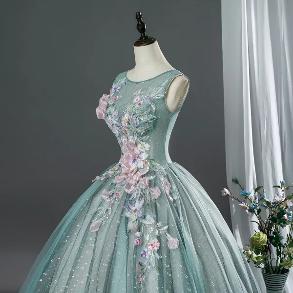 Vintage / Retro Mint Green Beading Appliques Prom Dresses 2026 Ball Gown Scoop Neck Sleeveless Backless Floor-Length / Long Formal Dresses