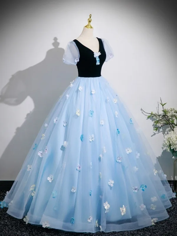 Schöne Himmelblau Applikationen Ball Ballkleider 2025 Ballkleid V-Ausschnitt Kurze Ärmel Rückenfreies Lange Festliche Kleider