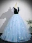 Schöne Himmelblau Applikationen Ball Ballkleider 2025 Ballkleid V-Ausschnitt Kurze Ärmel Rückenfreies Lange Festliche Kleider