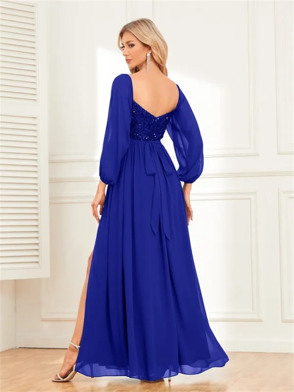 Chic / Beautiful Dark Green Sequins Split Front Evening Dresses 2024 A-Line / Princess Off-The-Shoulder Short Sleeve Backless Floor-Length / Long Evening Party Formal Dresses