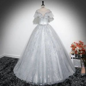 Vintage Grå Utskrift Appliqués Balklänningar 2024 Balklänning Urringning Korta Ärm Halterneck Långa Bal Formella Klänningar