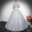 Vintage / Retro Grey Printing Appliques Prom Dresses 2024 Ball Gown Scoop Neck Short Sleeve Backless Floor-Length / Long Prom Formal Dresses
