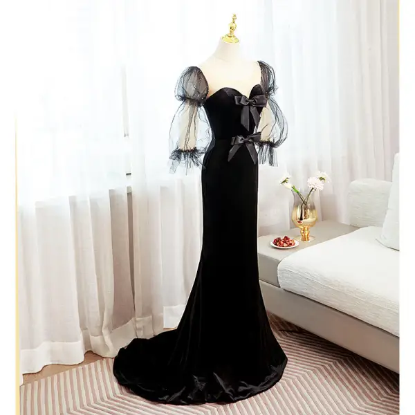 Fashion Black Suede Formal Dresses 2022 Trumpet / Mermaid Scoop Neck Puffy 1/2 Sleeves Backless Bow Sweep Train Prom Evening Dresses