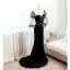 Fashion Black Suede Formal Dresses 2022 Trumpet / Mermaid Scoop Neck Puffy 1/2 Sleeves Backless Bow Sweep Train Prom Evening Dresses