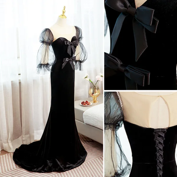 Fashion Black Suede Formal Dresses 2022 Trumpet / Mermaid Scoop Neck Puffy 1/2 Sleeves Backless Bow Sweep Train Prom Evening Dresses