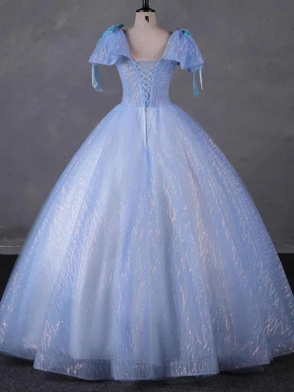 Fashion Sky Blue Beading Sequins Prom Dresses 2023 Ball Gown V-Neck Short Sleeve Bow Backless Floor-Length / Long Prom Formal Dresses