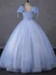 Fashion Sky Blue Beading Sequins Prom Dresses 2023 Ball Gown V-Neck Short Sleeve Bow Backless Floor-Length / Long Prom Formal Dresses
