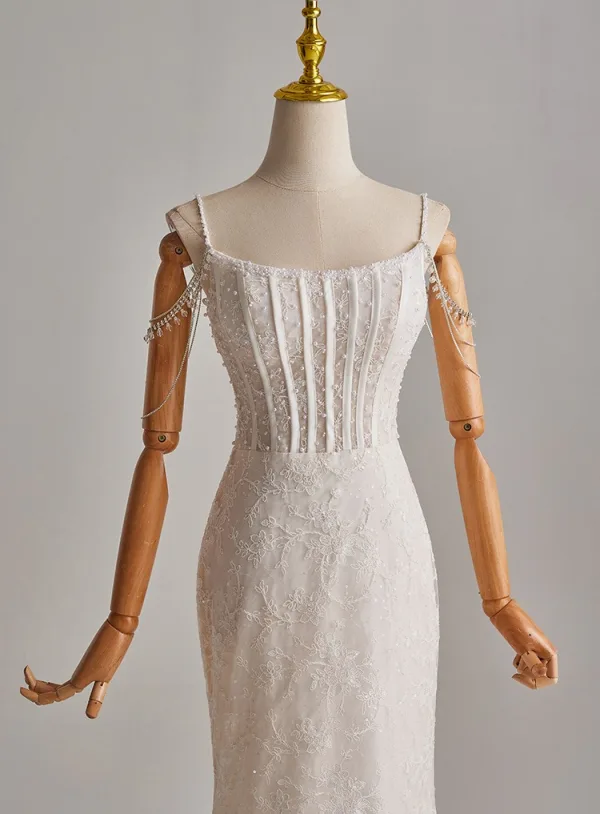 Simple Ivoire Perle Paillettes En Dentelle Légère Robe De Mariée 2025 Trompette / Sirène Bretelles Spaghetti Sans Manches Dos Nu Train De Balayage