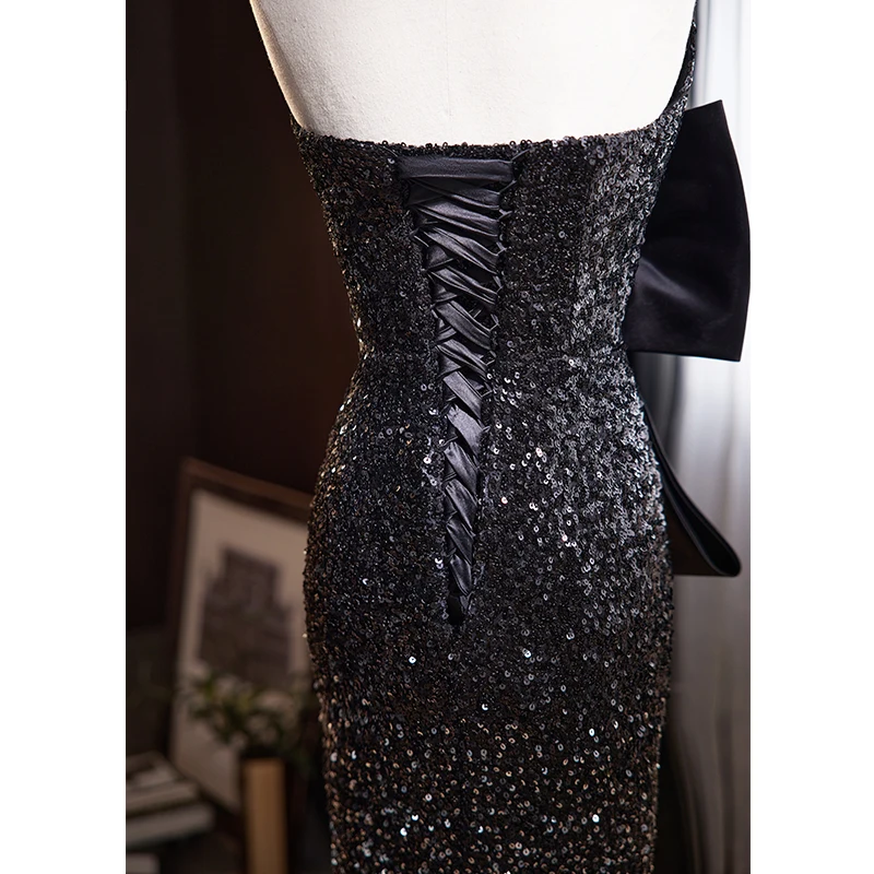 Sexy Noire Paillettes Robe De Soirée 2023 Princesse De l'épaule Manches