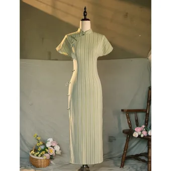 Chinese Style Sage Green Split Front Floor Length Long Cheongsam 2024 Trumpet Mermaid High Neck Short Sleeve Prom