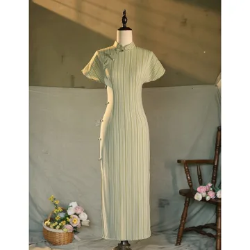 Chinese Style Sage Green Split Front Floor Length Long Cheongsam 2024 Trumpet Mermaid High Neck Short Sleeve Prom