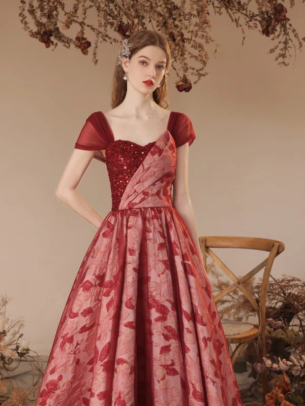 Chic / Beautiful Burgundy Sequins Printing Prom Dresses 2023 A-Line / Princess Off-The-Shoulder Short Sleeve Backless Floor-Length / Long Formal Dresses