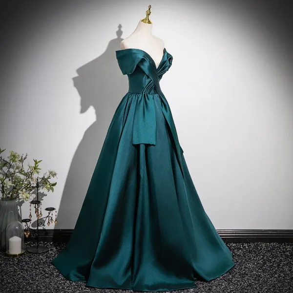 Vintage / Retro Dark Green Prom Dresses 2025 A-Line / Princess Off-The-Shoulder Short Sleeve Backless Floor-Length / Long Formal Dresses
