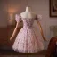 Fée Des Fleurs Rougissant Rose Perlage Perle Faux Diamant Appliques Courte Robe De Bal 2026 Robe Boule De l'épaule Manches Courtes Dos Nu Tulle Robe De Ceremonie