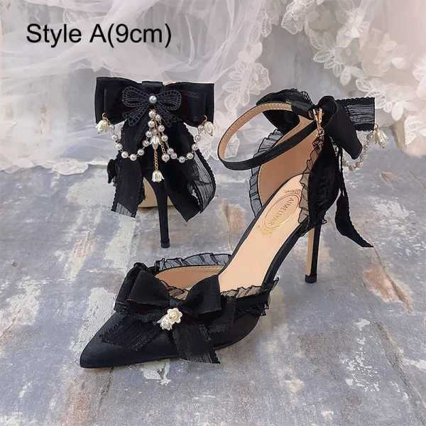 Charmant Noire Perle Noeud Bride Cheville Promo Sandales Femme 2024 9 cm Talons Aiguilles À Bout Pointu Sandales Talons Hauts