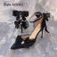 Charmant Noire Perle Noeud Bride Cheville Promo Sandales Femme 2024 9 cm Talons Aiguilles À Bout Pointu Sandales Talons Hauts