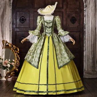 Vintage Originale Médiévale Inhabituel Vert Cendré En Dentelle Fleur Impression Robe De Bal 2026 Robe Boule Encolure Carrée Manches De Cloche Dos Nu Longue Robe De Ceremonie