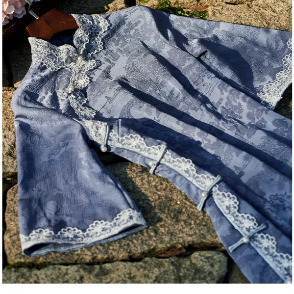 Vintage / Retro Chinese style Sky Blue Lace Flower Summer Street Wear Cheongsam 2024 Trumpet / Mermaid High Neck 1/2 Sleeves Tea-length