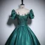 Vintage / Retro Dark Green Beading Lace Flower Prom Dresses 2024 Ball Gown Scoop Neck Puffy Short Sleeve Backless Floor-Length / Long Prom Formal Dresses