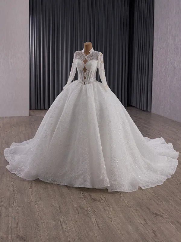 Luxury / Gorgeous White Beading Pearl Sequins Lace Flower Wedding Dresses 2025 Ball Gown High Neck Long Sleeve Backless Court Train