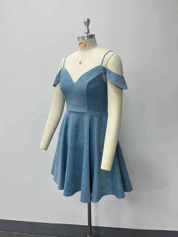 Chic / Belle Bleu Ciel Glitter Courte de retour Robe De Graduation 2024 Princesse Bretelles Spaghetti Sans Manches Dos Nu Robe De Ceremonie