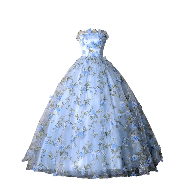 Flower Fairy Sky Blue Appliques Prom Dresses 2023 Ball Gown Strapless Sleeveless Backless Floor-Length / Long Prom Formal Dresses