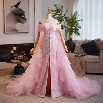 Luxe Rose Bonbon Fait Main Perlage Paillettes Volants En Cascade Robe De Bal 2025 Trompette Sirène De L Épaule Sans Manches Dos Nu Train De Balayage Robe De Ceremonie