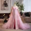 Luxus / Herrlich Pink Handgefertigt Perlenstickerei Pailletten Fallende Rüsche Ballkleider 2025 Meerjungfrau Off Shoulder Ärmellos Rückenfreies Sweep / Pinsel Zug Festliche Kleider
