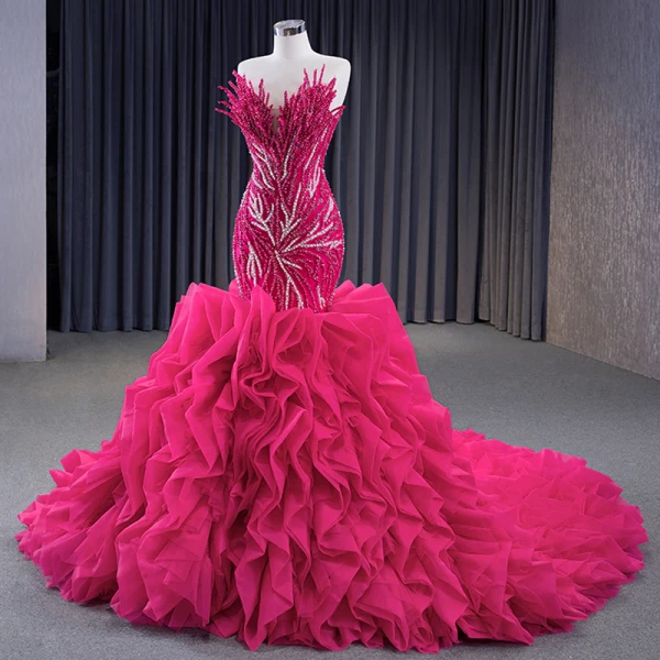 High-end Fuchsia Handmade  Beading Pearl Sequins Cascading Ruffles Prom Dresses 2023 Trumpet / Mermaid Strapless Sleeveless Backless Royal Train Prom Formal Dresses
