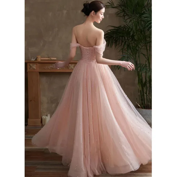 Fashion Blushing Pink Pearl Evening Dresses  2022 A-Line / Princess Off-The-Shoulder Bow Short Sleeve Backless Floor-Length / Long Evening Party Formal Dresses