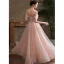 Fashion Blushing Pink Pearl Evening Dresses  2022 A-Line / Princess Off-The-Shoulder Bow Short Sleeve Backless Floor-Length / Long Evening Party Formal Dresses