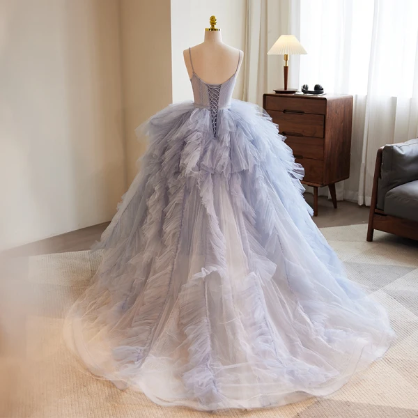 Fashion Sky Blue Cascading Ruffles Prom Dresses 2023 Ball Gown Spaghetti Straps Sleeveless Sweep Train Formal Dresses