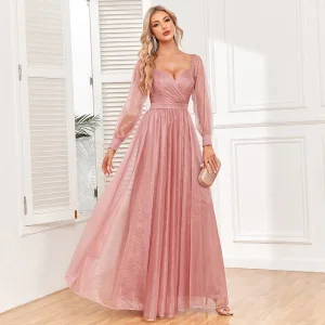 Élégant Rougissant Rose Robe De Bal 2024 Princesse V Cou Manches Longues Dos Nu Longue Promo Robe De Ceremonie