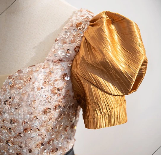 Elegant Yellow Beading Sequins Prom Dresses 2024 Ball Gown Square Neckline Puffy Short Sleeve Bow Sash Backless Floor-Length / Long Prom Formal Dresses