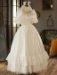 Vintage / Retro Elegant Ivory Satin Wedding Dresses 2023 Ball Gown Pearl Scoop Neck Puffy Short Sleeve Backless Floor-Length / Long Wedding
