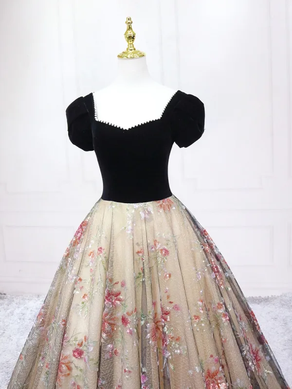 Elegante Schwarz Perlenstickerei Pailletten Ballkleider 2025 Ballkleid Eckiger Ausschnitt Kurze Ärmel Rückenfreies Lange Ball Festliche Kleider