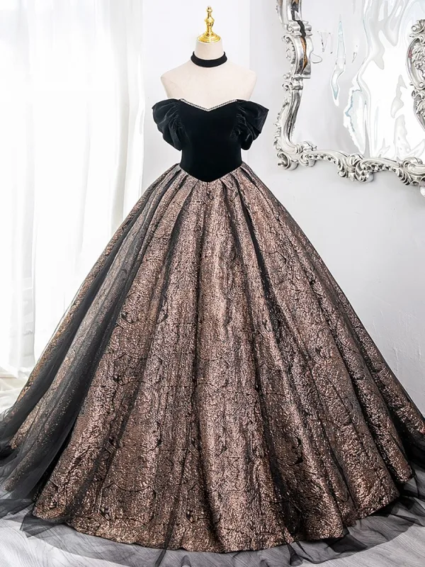 Vintage / Retro Black Glitter Prom Dresses 2024 Ball Gown Off-The-Shoulder Sleeveless Backless Floor-Length / Long Prom Formal Dresses