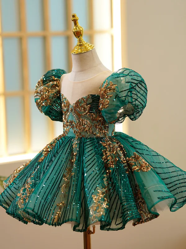 Scintillantes Vert Foncé Paillettes En Dentelle Courte Robe Ceremonie Fille 2022 Robe Boule Encolure Dégagée Gonflée Manches Courtes Promo Robe Ceremonie Fille