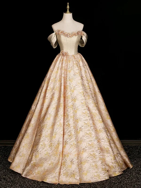 Vintage / Retro Champagne Appliques Satin Prom Dresses 2026 Ball Gown Strapless Sleeveless Backless Floor-Length / Long Formal Dresses