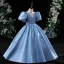 Modest / Simple Ocean Blue Birthday Flower Girl Dresses 2024 Ball Gown V-Neck Puffy Short Sleeve Backless Floor-Length / Long
