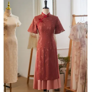 Style Chinois Vintage Originale Rouge Thé Longueur Cheongsam 2024 Trompette Sirène Col Haut Manches Courtes