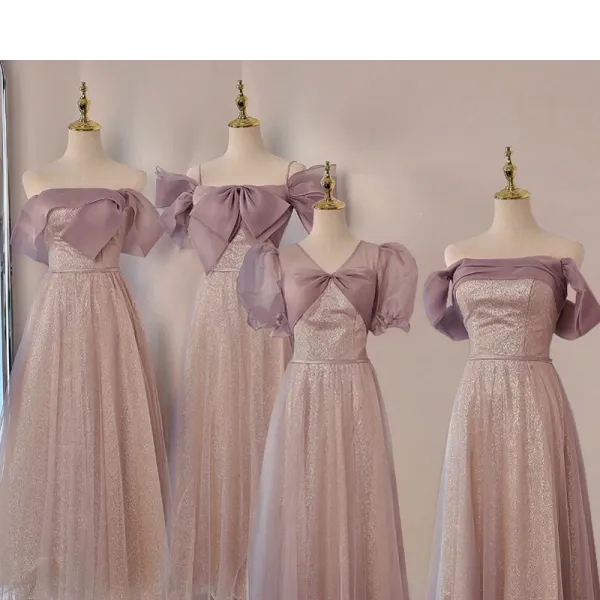 Chic / Beautiful Blushing Pink Glitter Bridesmaid Dresses 2023 A-Line / Princess Short Sleeve Backless Tea-length Bridesmaid Dresses