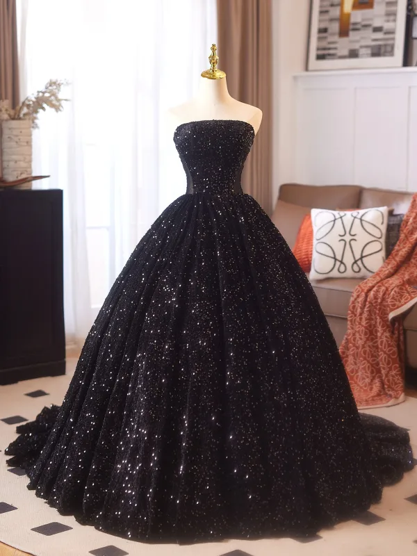 Sexy Black Sequins Prom Dresses 2025 Ball Gown Strapless Sleeveless Backless Floor-Length / Long Formal Dresses