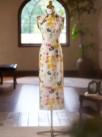 Chinese Style Yellow Printing Tea Length Prom Split Front Cheongsam 2024 Trumpet Mermaid High Neck Sleeveless