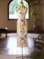 Chinese style Yellow Printing Tea-length Prom Split Front Cheongsam 2024 Trumpet / Mermaid High Neck Sleeveless