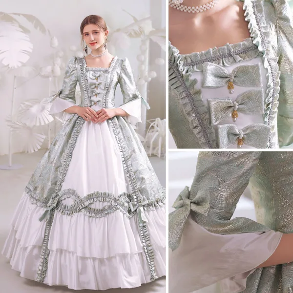 Baroque Medieval Sage Green Prom Dresses 2022 Ball Gown Square Neckline Bell sleeves Backless Rhinestone Pearl Bow Floor-Length / Long Formal Dresses