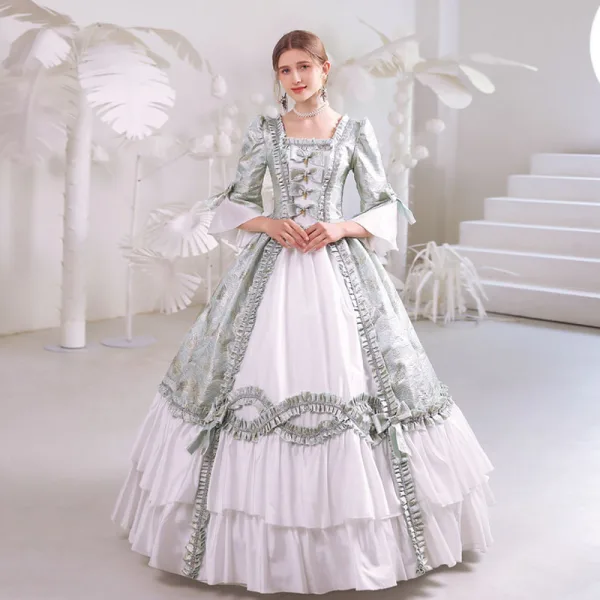 Baroque Medieval Sage Green Prom Dresses 2022 Ball Gown Square Neckline Bell sleeves Backless Rhinestone Pearl Bow Floor-Length / Long Formal Dresses