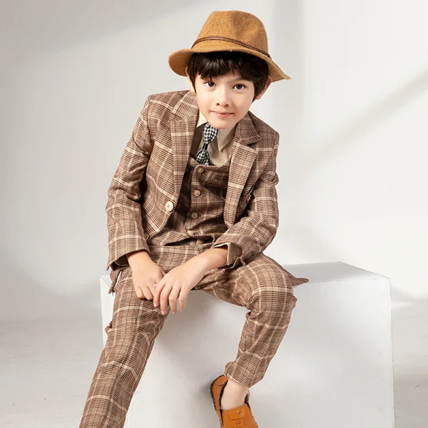 Tan Plaid 5-piece Boys Wedding Suits 2022 Long Sleeve Coat Pants Shirt Tie Vest