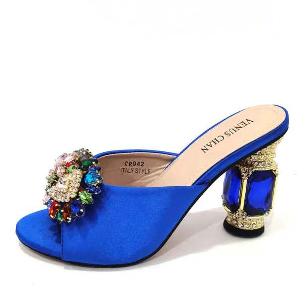 Chic / Beautiful Rhinestone Satin Purple Prom Womens Sandals Clutch Bags 2023 9 cm Open / Peep Toe Crystal Thick Heels Sandals High Heels Clutch Bags